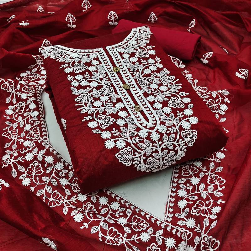 maroon cotton embroidered dress material