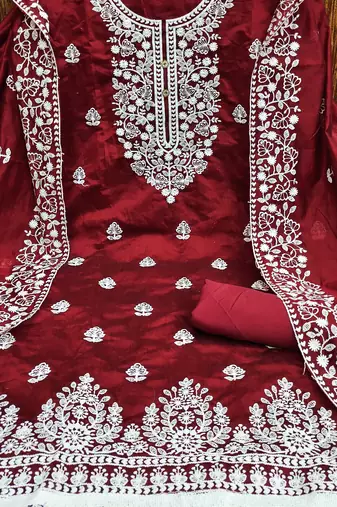 maroon cotton embroidered dress material