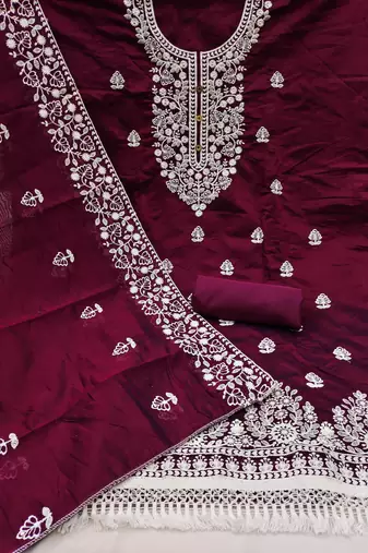 purple cotton embroidered dress material