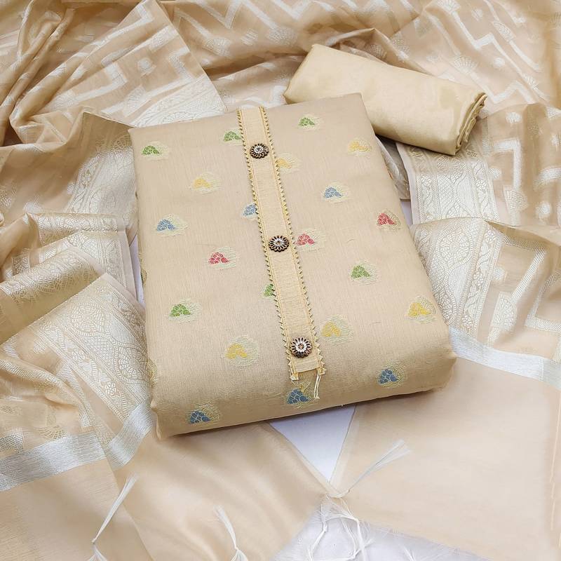 beige jacquard woven dress material