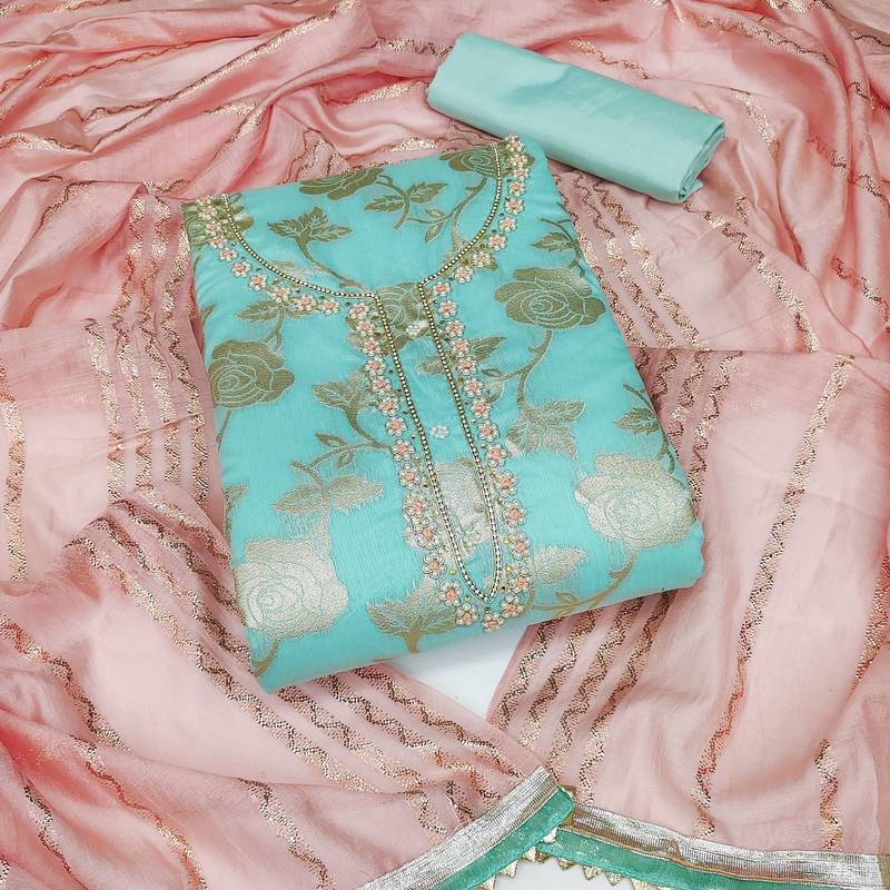 sea green jacquard woven dress material