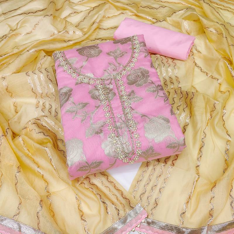 pink jacquard woven dress material