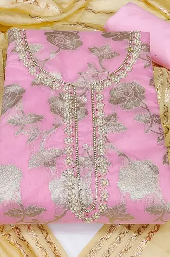 pink jacquard woven dress material