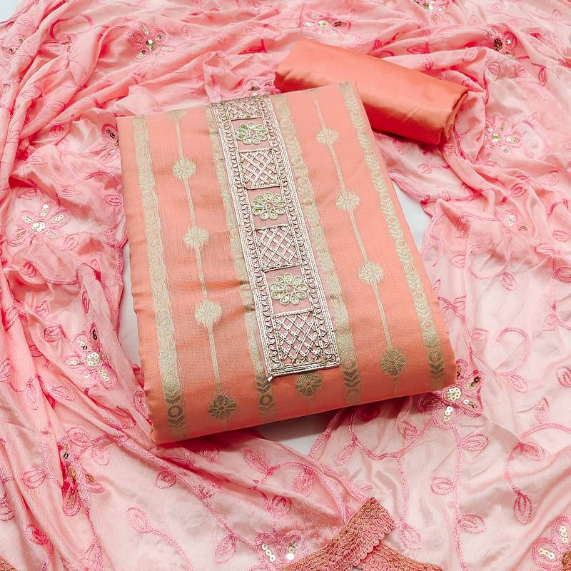 peach jacquard woven dress material