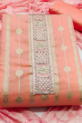 peach jacquard woven dress material