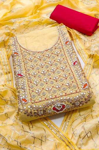 yellow cotton hand embroidery dress material