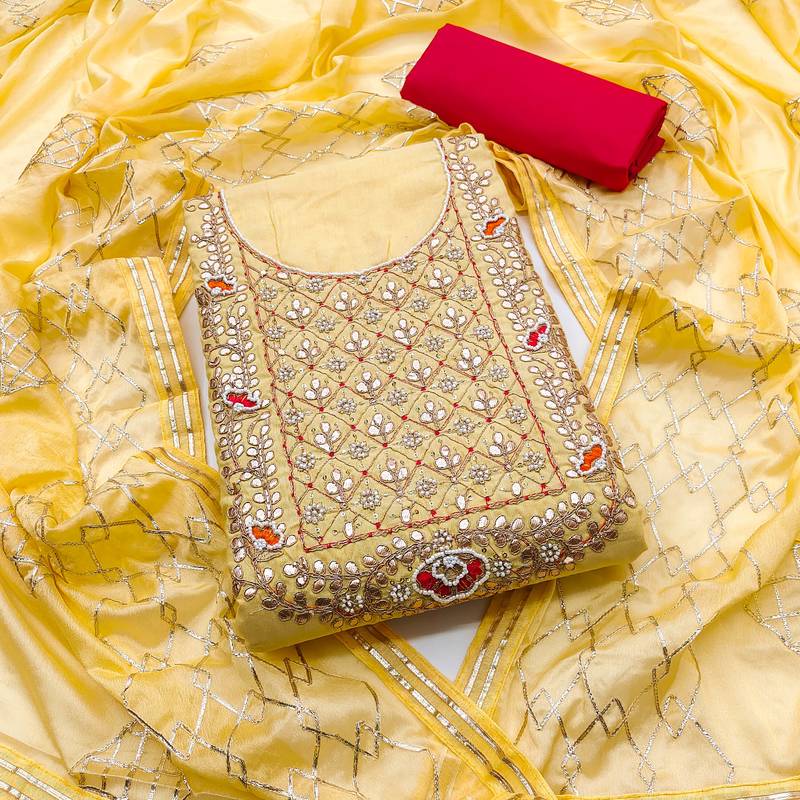 yellow cotton hand embroidery dress material
