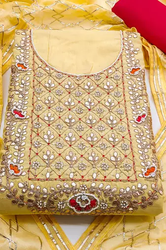 yellow cotton hand embroidery dress material