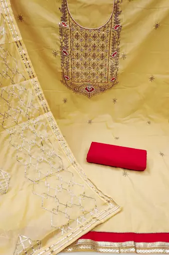 yellow cotton hand embroidery dress material