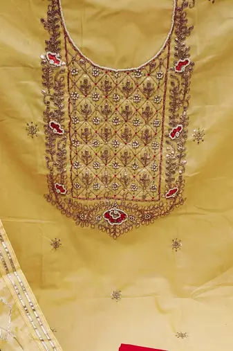 yellow cotton hand embroidery dress material