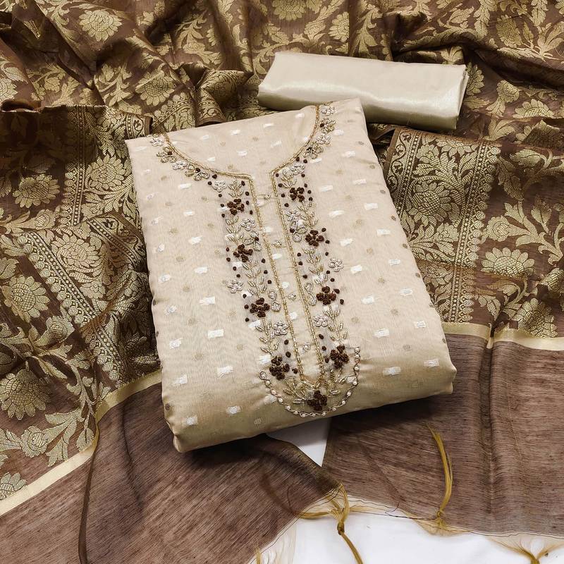 beige jacquard hand embroidery dress material