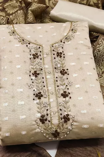 beige jacquard hand embroidery dress material