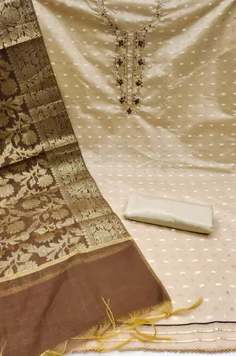 beige jacquard hand embroidery dress material