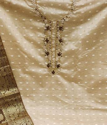 beige jacquard hand embroidery dress material 4