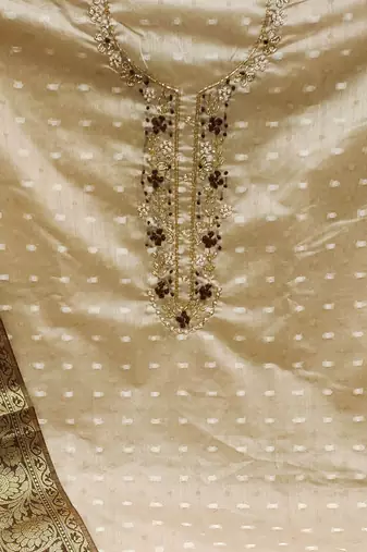 beige jacquard hand embroidery dress material