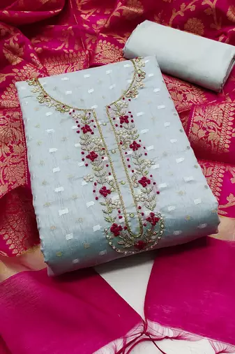 teal blue jacquard hand embroidery dress material