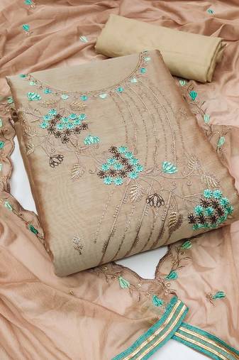 beige chanderi embroidered dress material