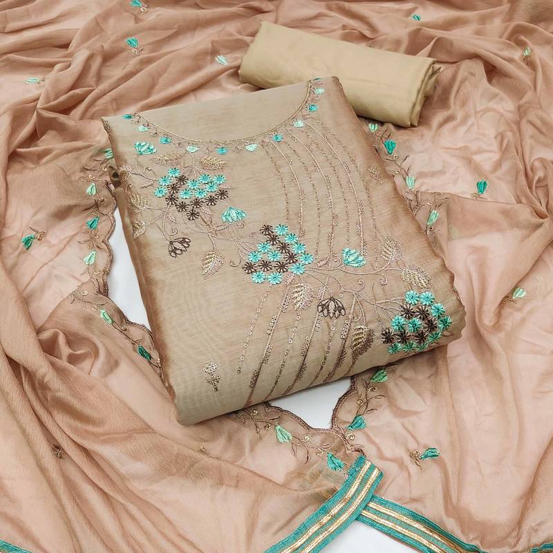beige chanderi embroidered dress material