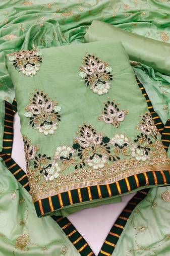 light green chanderi embroidered dress material
