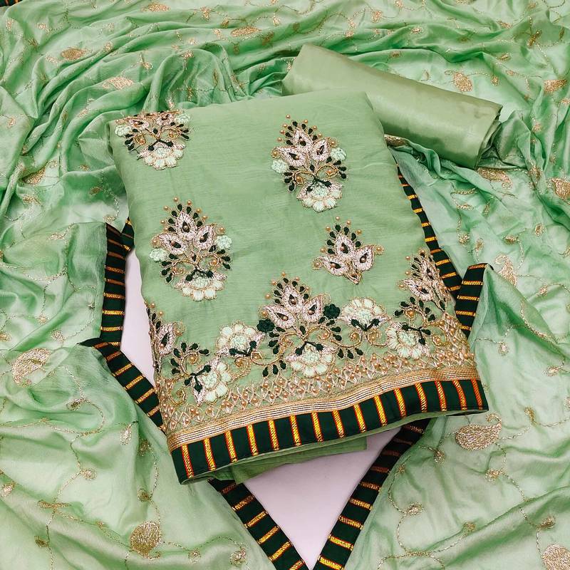light green chanderi embroidered dress material