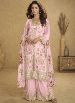 Light pink chinon silk embroiedered designer plazzo suit 1