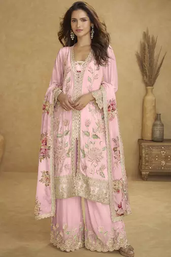 Light pink chinon silk embroiedered designer plazzo suit