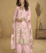 Light pink chinon silk embroiedered designer plazzo suit
