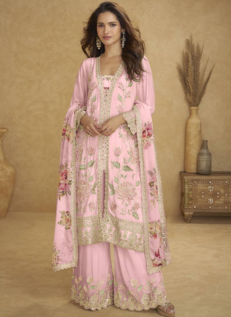 Light pink chinon silk embroiedered designer plazzo suit