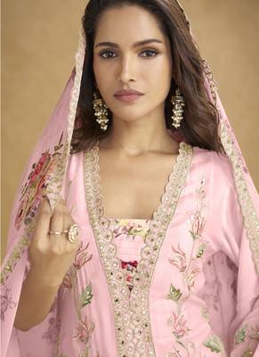 Light pink chinon silk embroiedered designer plazzo suit 2