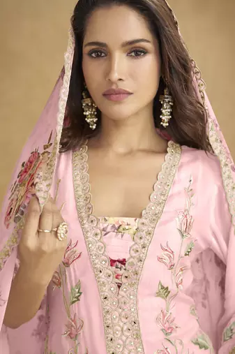 Light pink chinon silk embroiedered designer plazzo suit