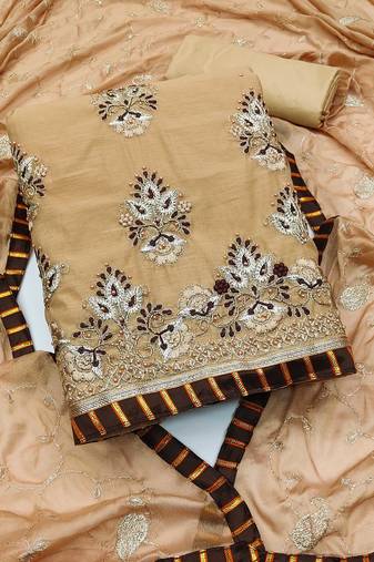 beige chanderi embroidered dress material