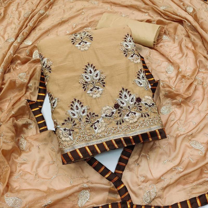 beige chanderi embroidered dress material