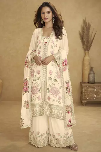 Cream chinon silk embroiedered designer plazzo suit