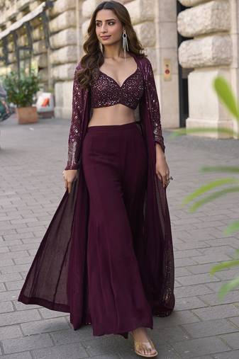 Wine georgette embroidered western style plazzo suit