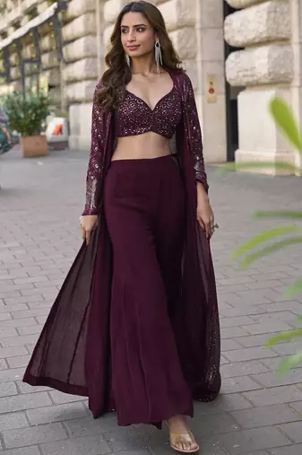 Wine georgette embroidered western style plazzo suit