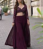 Wine georgette embroidered western style plazzo suit