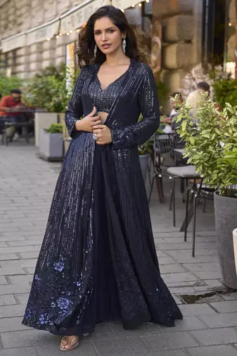 Navy blue georgette embroidered western style plazzo suit