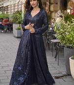 Navy blue georgette embroidered western style plazzo suit