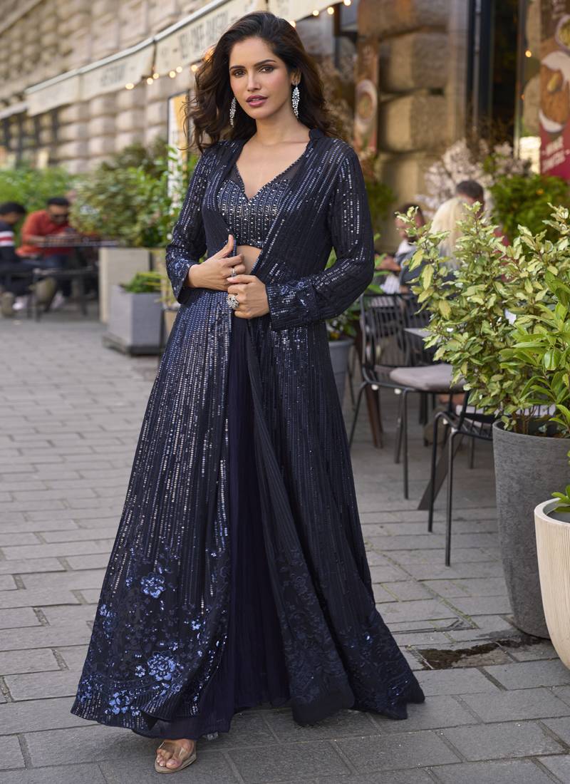 Navy blue georgette embroidered western style plazzo suit