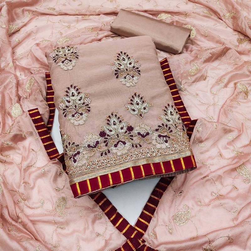 baby pink chanderi embroidered dress material