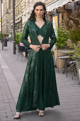 Green georgette embroidered western style plazzo suit