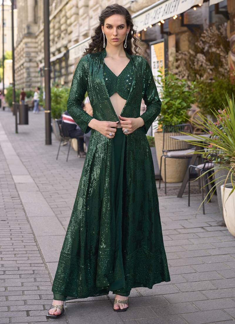 Green georgette embroidered western style plazzo suit