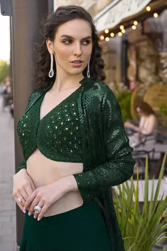 Green georgette embroidered western style palazzo suit