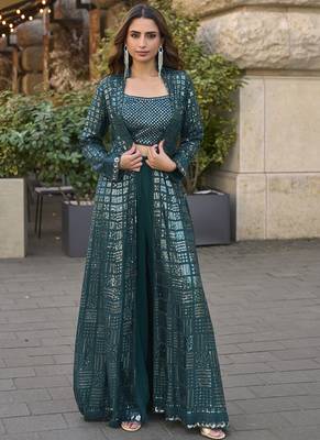Teal green georgette embroidered western style palazzo suit 1