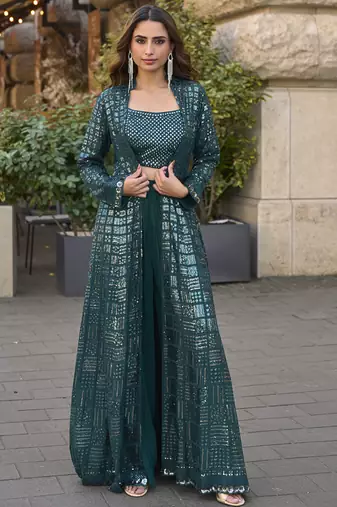 Teal green georgette embroidered western style plazzo suit