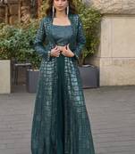 Teal green georgette embroidered western style plazzo suit