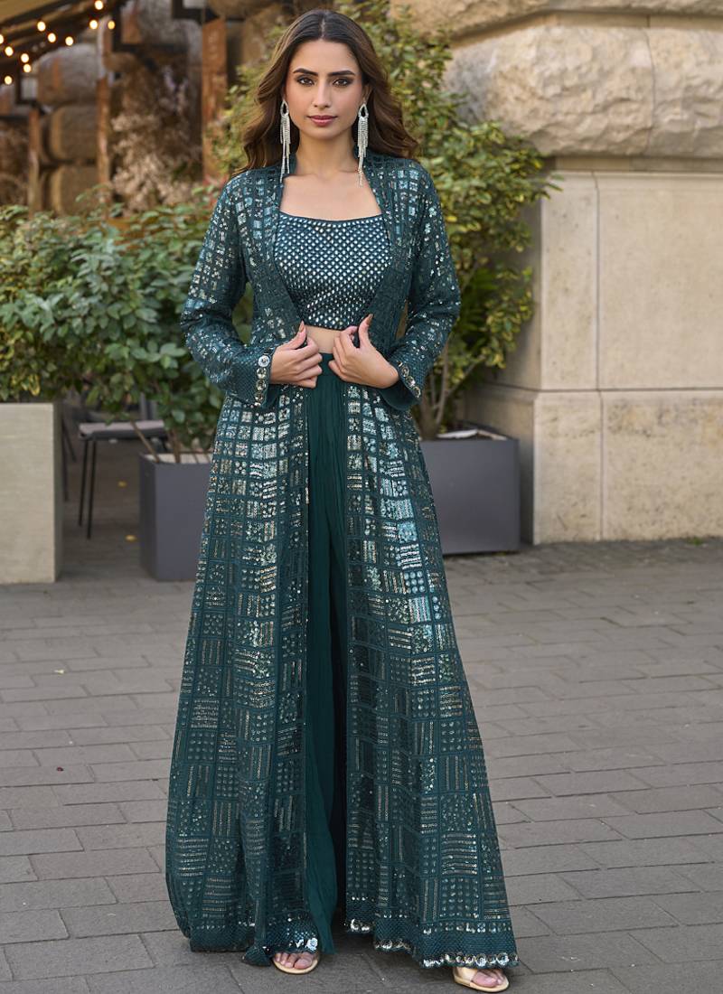Teal green georgette embroidered western style plazzo suit
