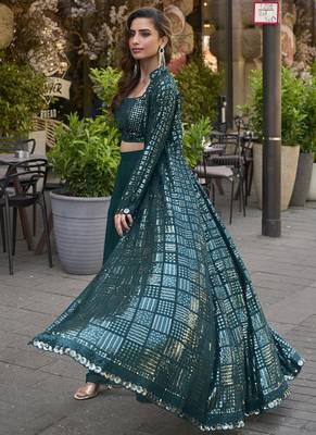 Teal green georgette embroidered western style palazzo suit 2