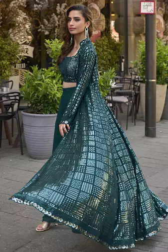 Teal green georgette embroidered western style palazzo suit