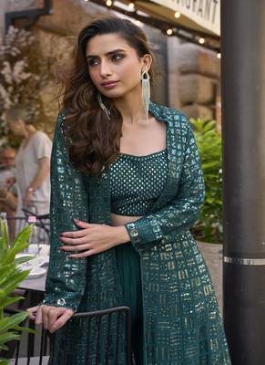 Teal green georgette embroidered western style palazzo suit 3
